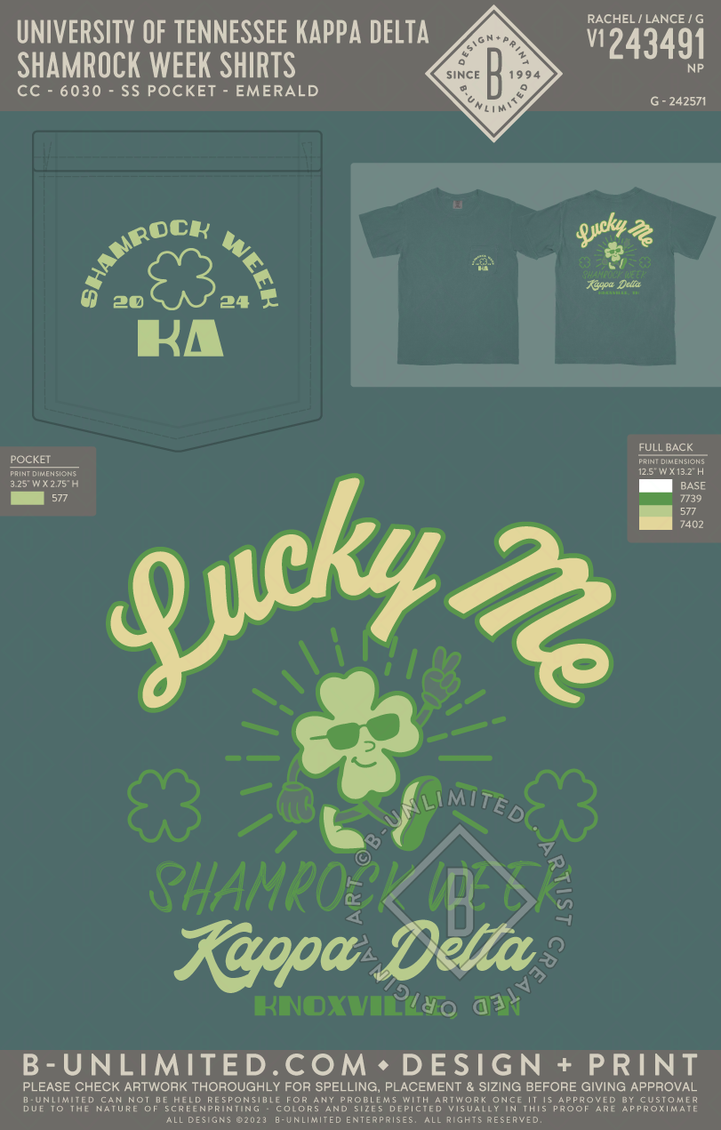 University of Tennessee Kappa Delta - shamrock week shirts - CC - 6030 - SS Pocket - Emerald