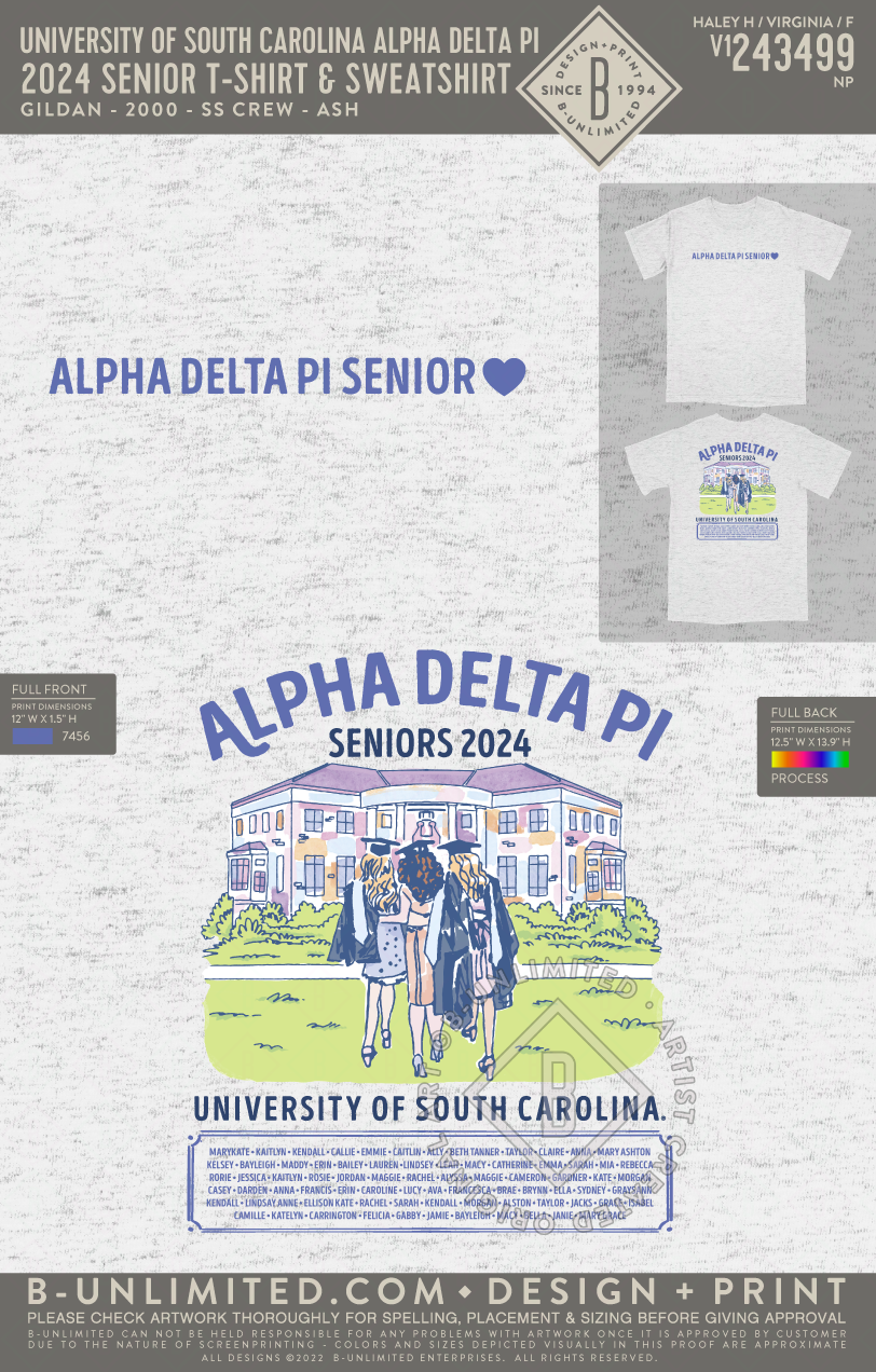 University of South Carolina Alpha Delta Pi - 2024 Senior T-Shirt & Sweatshirt - Gildan - 2000 - SS Crew - Ash Grey