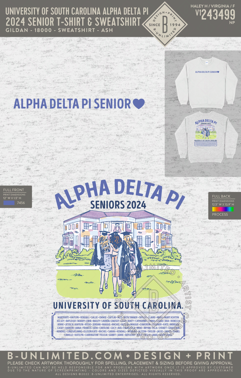 University of South Carolina Alpha Delta Pi - 2024 Senior T-Shirt & Sweatshirt - Gildan - 18000 - Sweatshirt - Ash Grey
