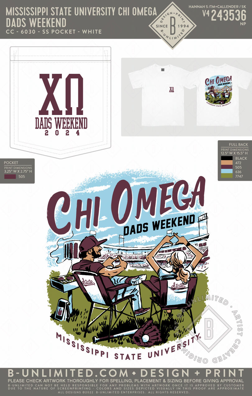 Mississippi State University Chi Omega - Dads Weekend (72hoursale24) - CC - 6030 - SS Pocket - White