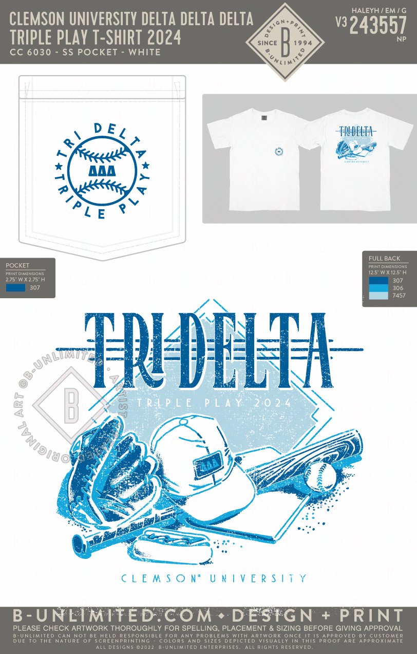 Clemson University Delta Delta Delta - Triple Play T-shirt 2024 (72hoursale24) - CC - 6030 - SS Pocket - White