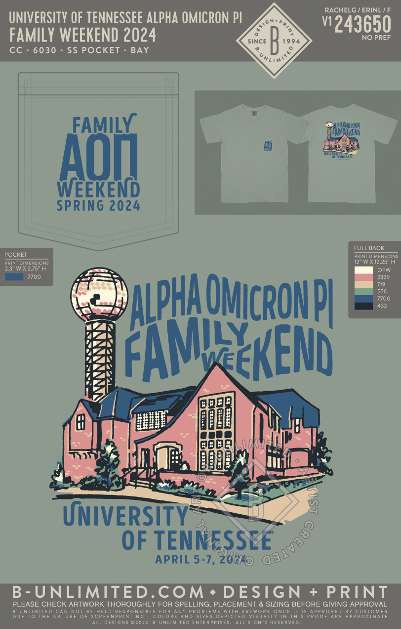 University of Tennessee Alpha Omicron Pi - FAMILY WEEKEND 2024 (72hoursale24) - CC - 6030 - SS Pocket - Bay