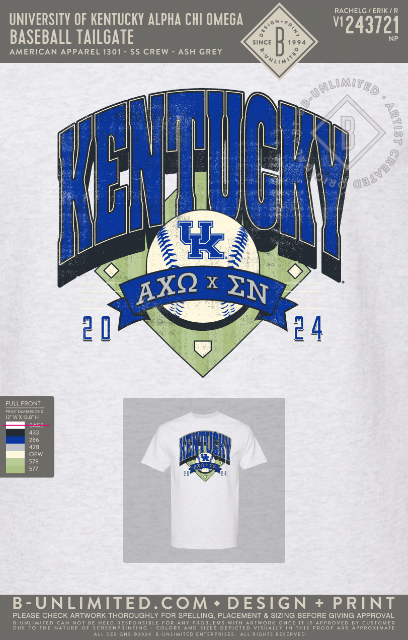 University of Kentucky Alpha Chi Omega - Baseball Tailgate (72hoursale24) - Am. App. - 1301 - Heavyweight Cotton Tee - Ash Grey