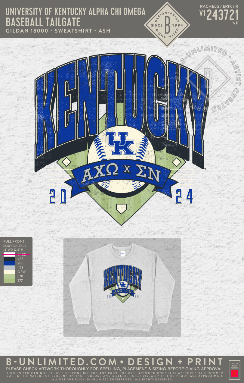 University of Kentucky Alpha Chi Omega - Baseball Tailgate (72hoursale24) - Gildan - 18000 - Crewneck Sweatshirt - Ash Grey