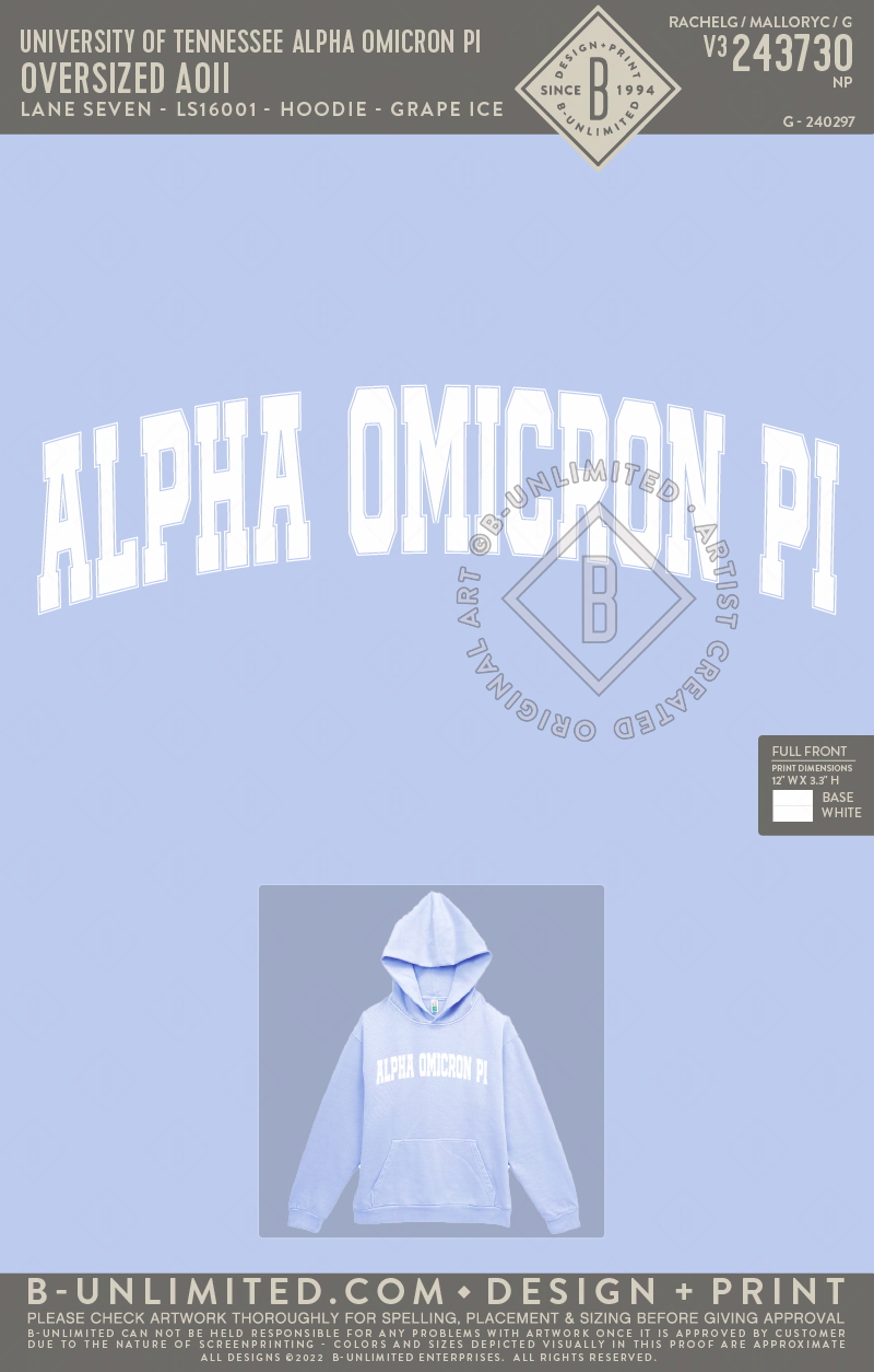 University of Tennessee Alpha Omicron Pi - Oversized AOII - Lane Seven - LS16001 - Urban Pullover Hoodie - Grape Ice