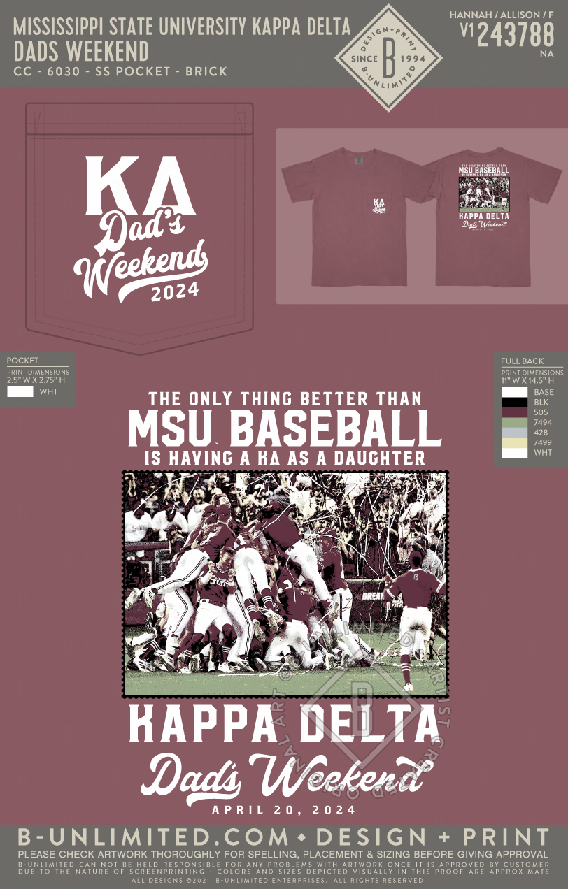 Mississippi State University Kappa Delta - Dads Weekend (Maroon) (72hoursale24) - CC - 6030 - SS Pocket - Brick