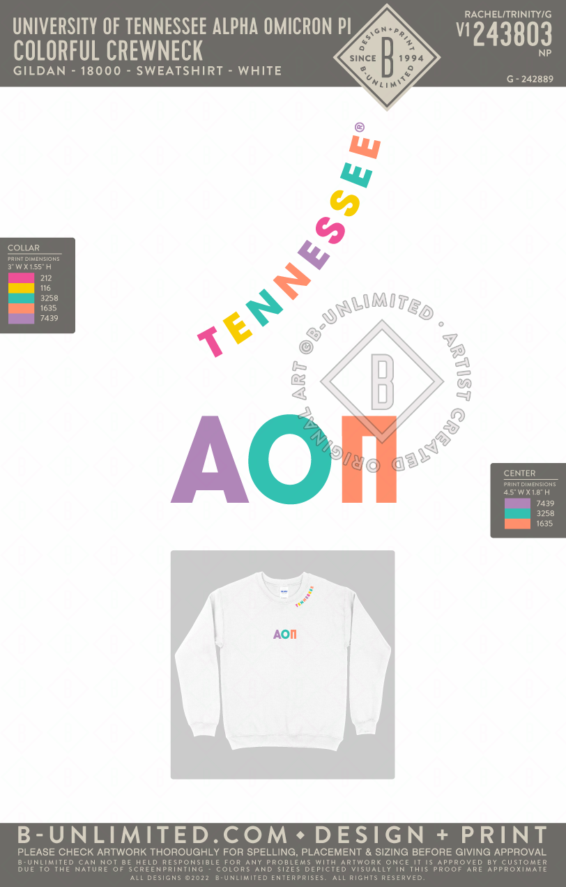 University of Tennessee Alpha Omicron Pi - Colorful Crewneck - Gildan - 18000 - Sweatshirt - White
