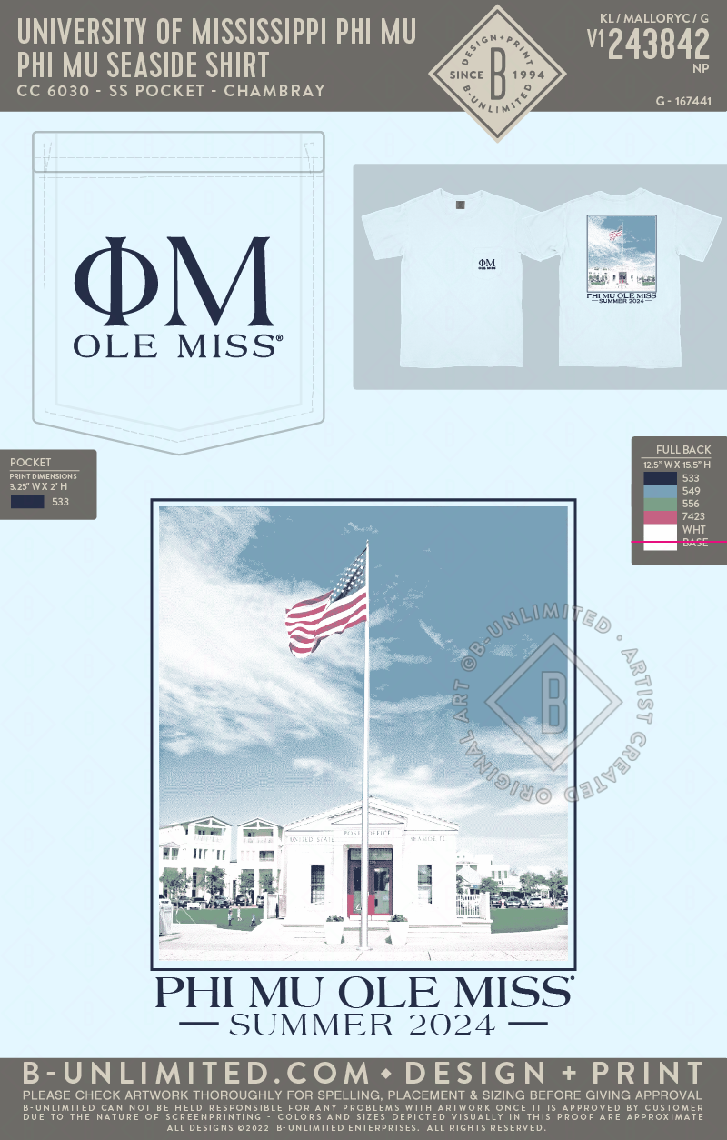 University of Mississippi Phi Mu - Phi Mu Seaside Shirt - CC - 6030 - SS Pocket - Chambray