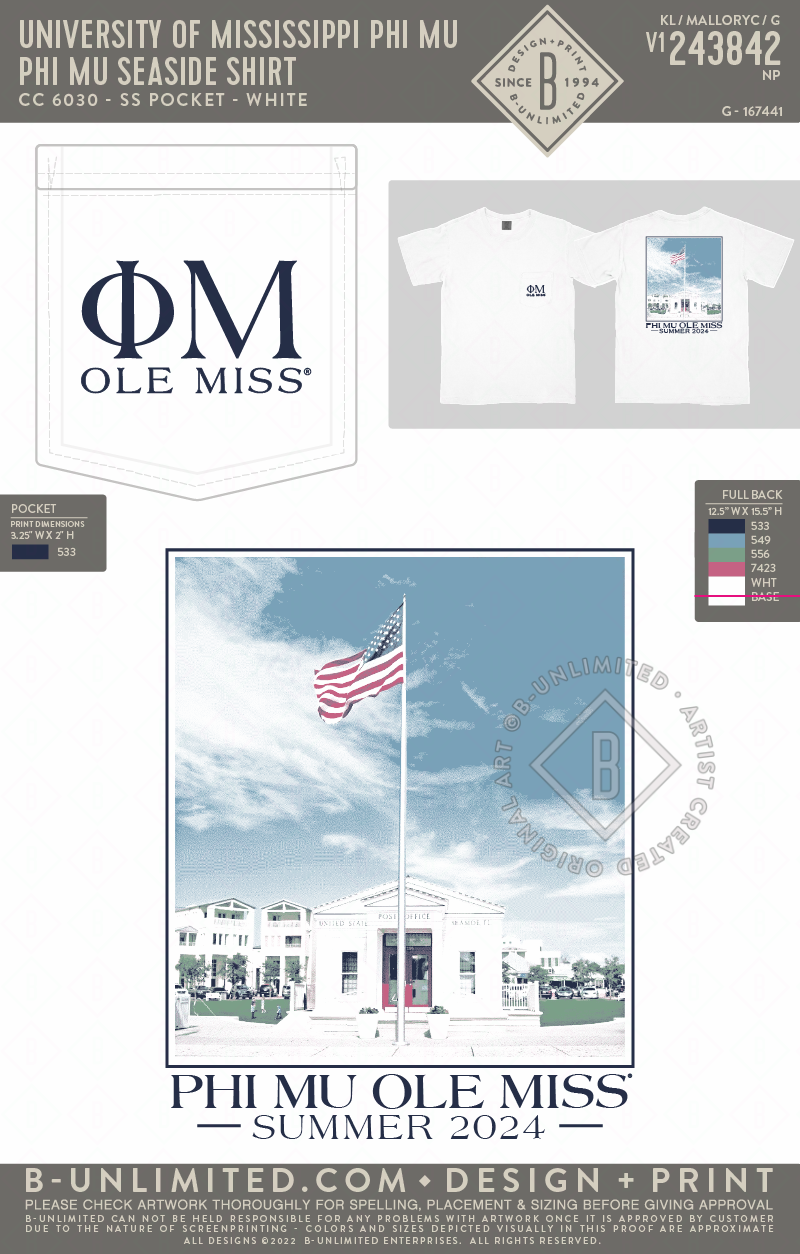 University of Mississippi Phi Mu - Phi Mu Seaside Shirt - CC - 6030 - SS Pocket - White
