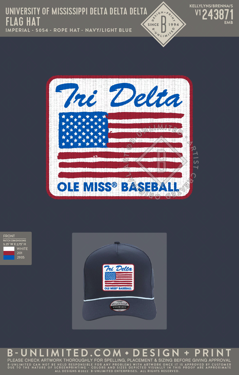 University of Mississippi Delta Delta Delta - Flag hat - Imperial - 5054 - Rope Hat - Navy/Light Blue