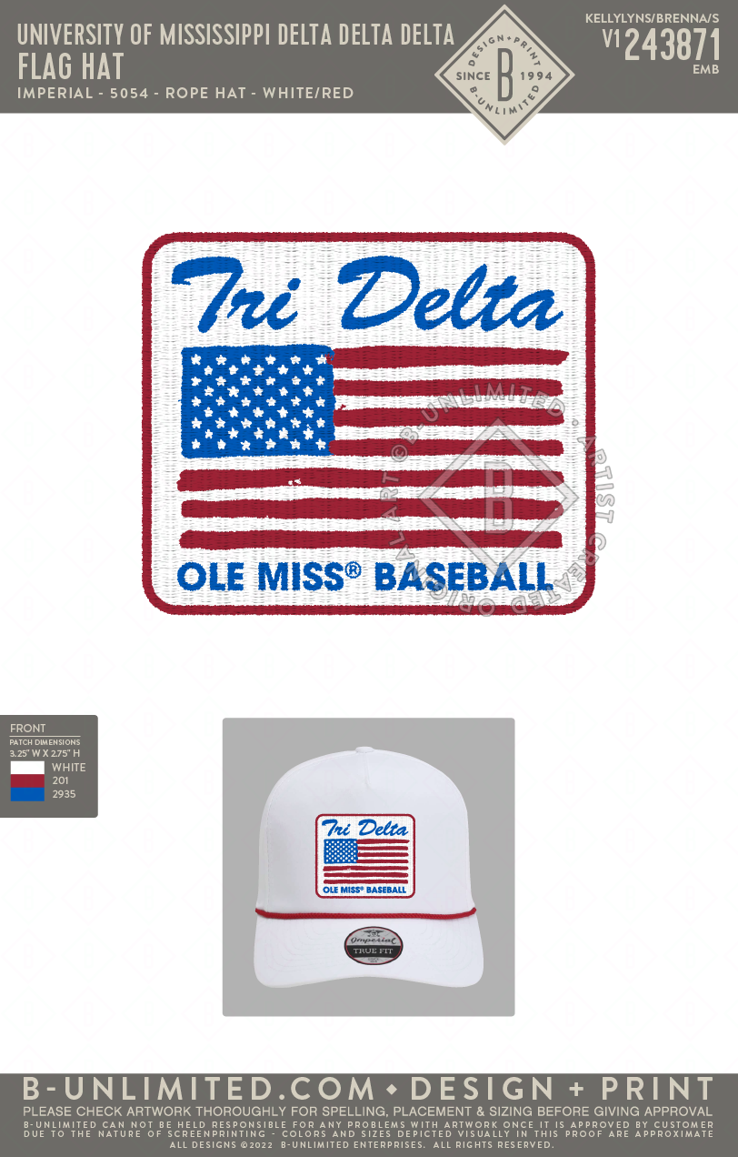 University of Mississippi Delta Delta Delta - Flag hat - Imperial - 5054 - Rope Hat - White/Red