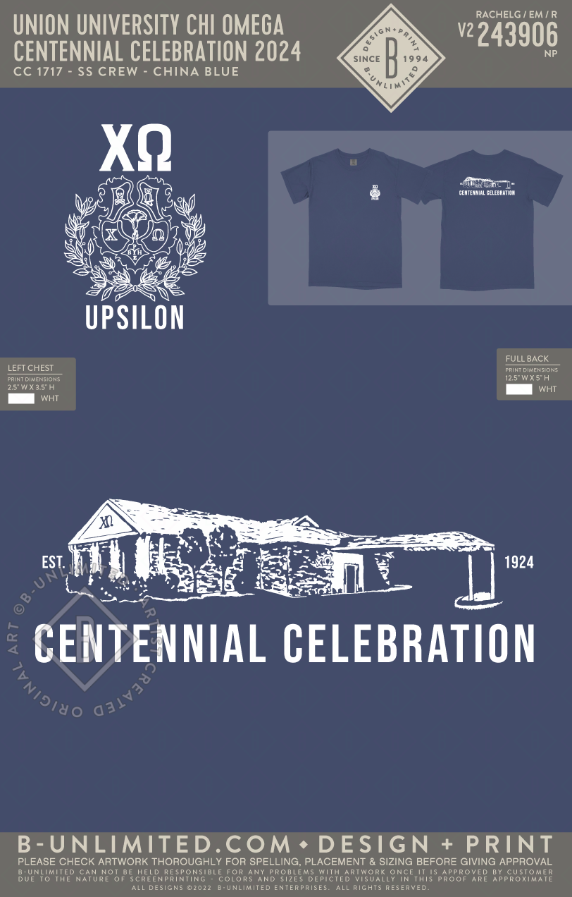 Union University Chi Omega - Centennial Celebration 2024 - CC - 1717 - SS Crew - China Blue