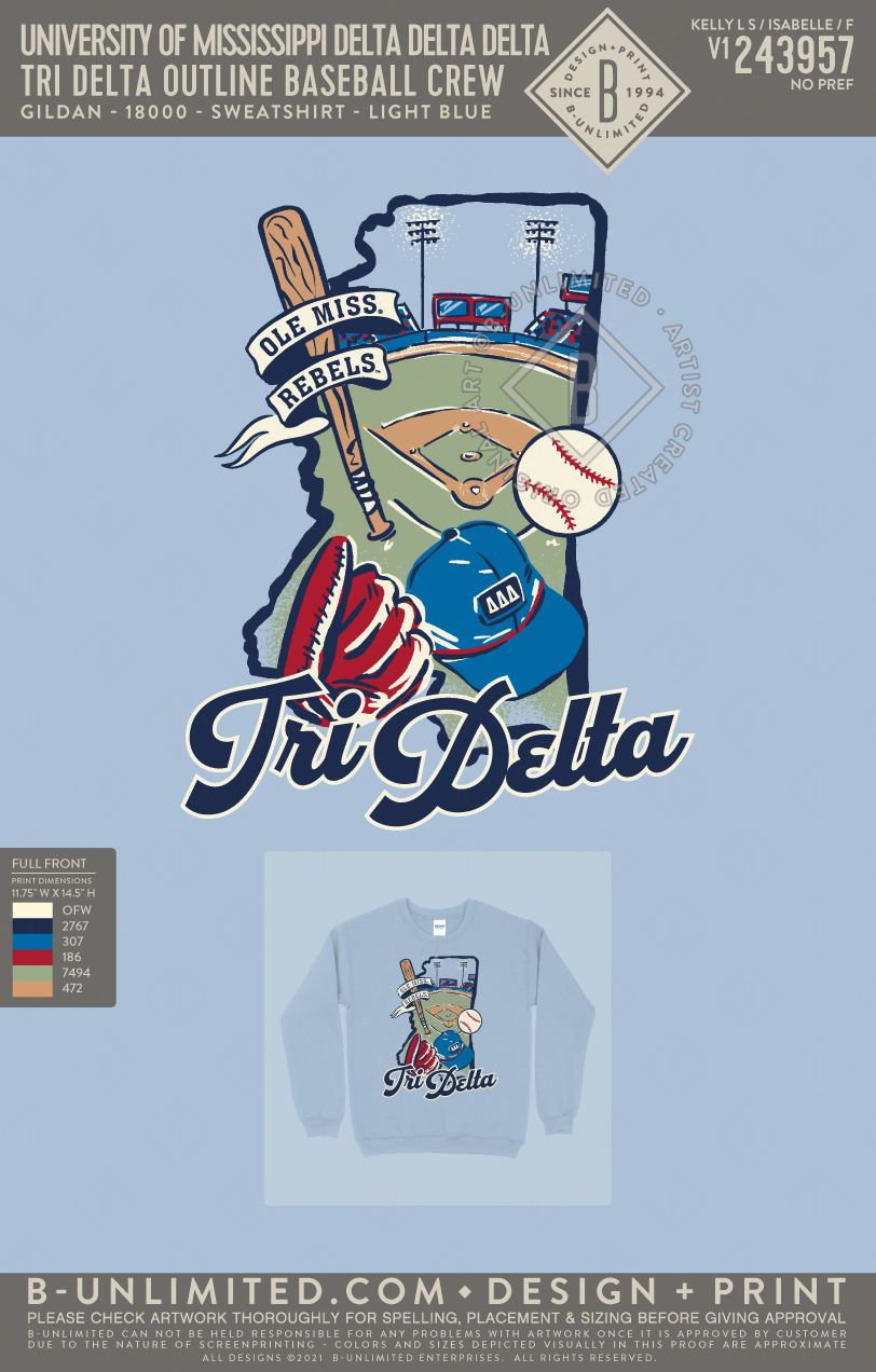 University of Mississippi Delta Delta Delta - Tri Delta Outline Baseball Crew - Gildan - 18000 - Sweatshirt - Light Blue