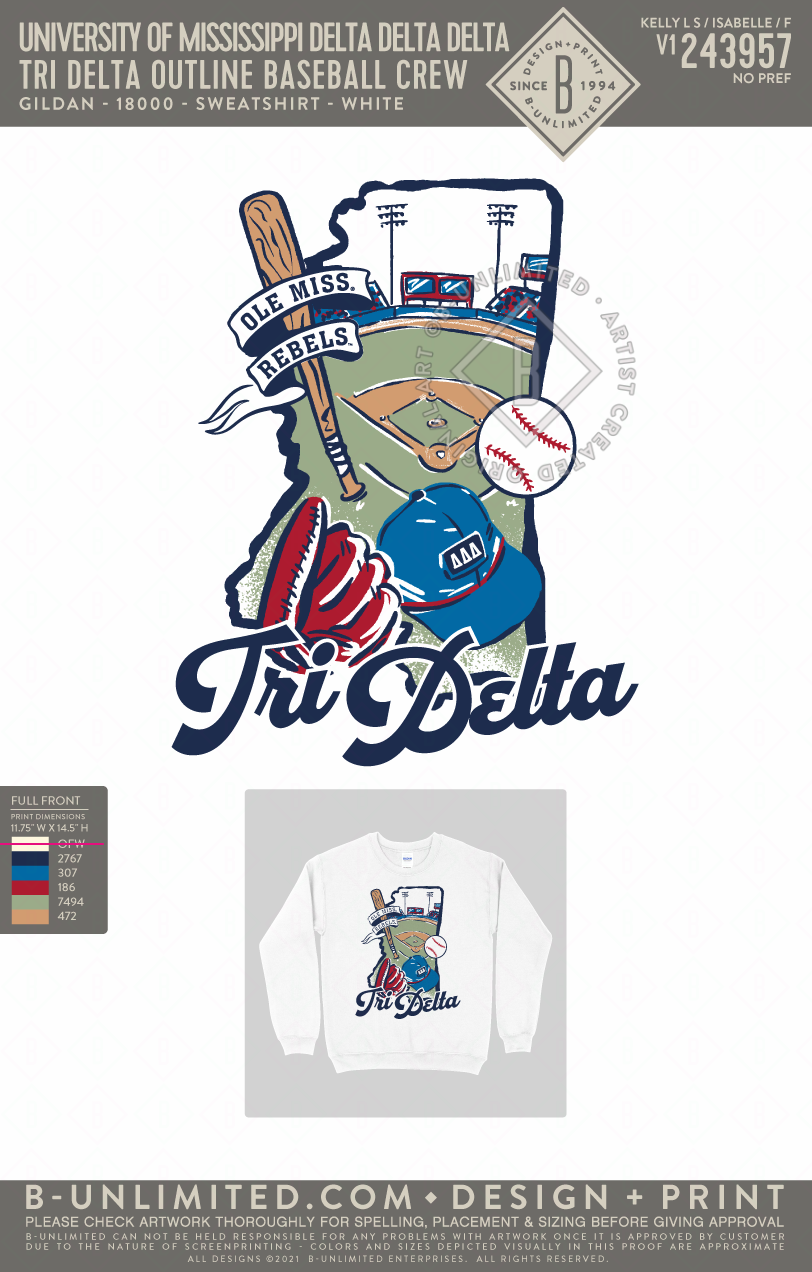University of Mississippi Delta Delta Delta - Tri Delta Outline Baseball Crew (72hoursale24) - Gildan - 18000 - Crewneck Sweatshirt - White