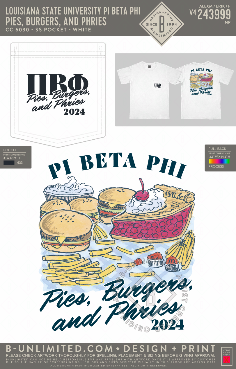 Louisiana State University Pi Beta Phi - Pies, Burgers, and Phries (72hoursale24) - CC - 6030 - SS Pocket - White
