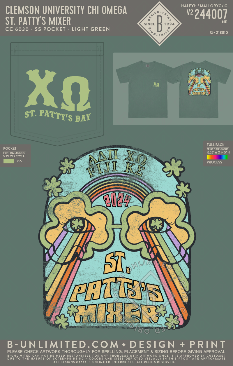 Clemson University Chi Omega - St. Patty's Mixer - CC - 6030 - SS Pocket - Light Green
