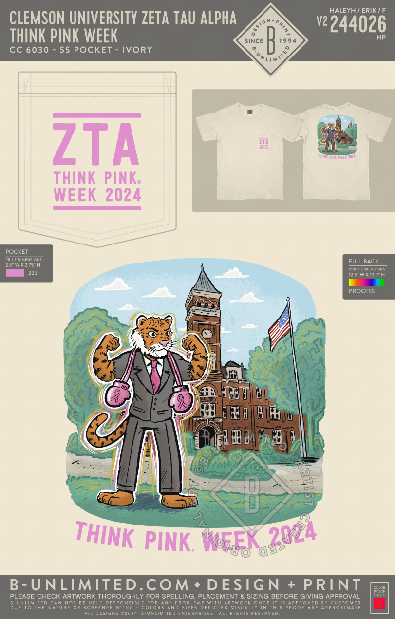 Clemson University Zeta Tau Alpha - Think Pink Week - CC - 6030 - SS Pocket - Ivory