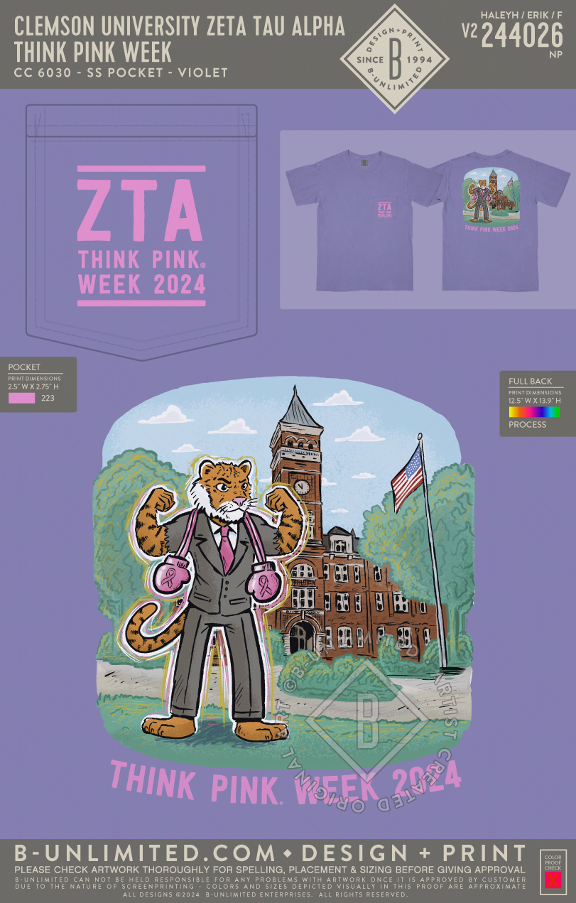 Clemson University Zeta Tau Alpha - Think Pink Week - CC - 6030 - SS Pocket - Violet
