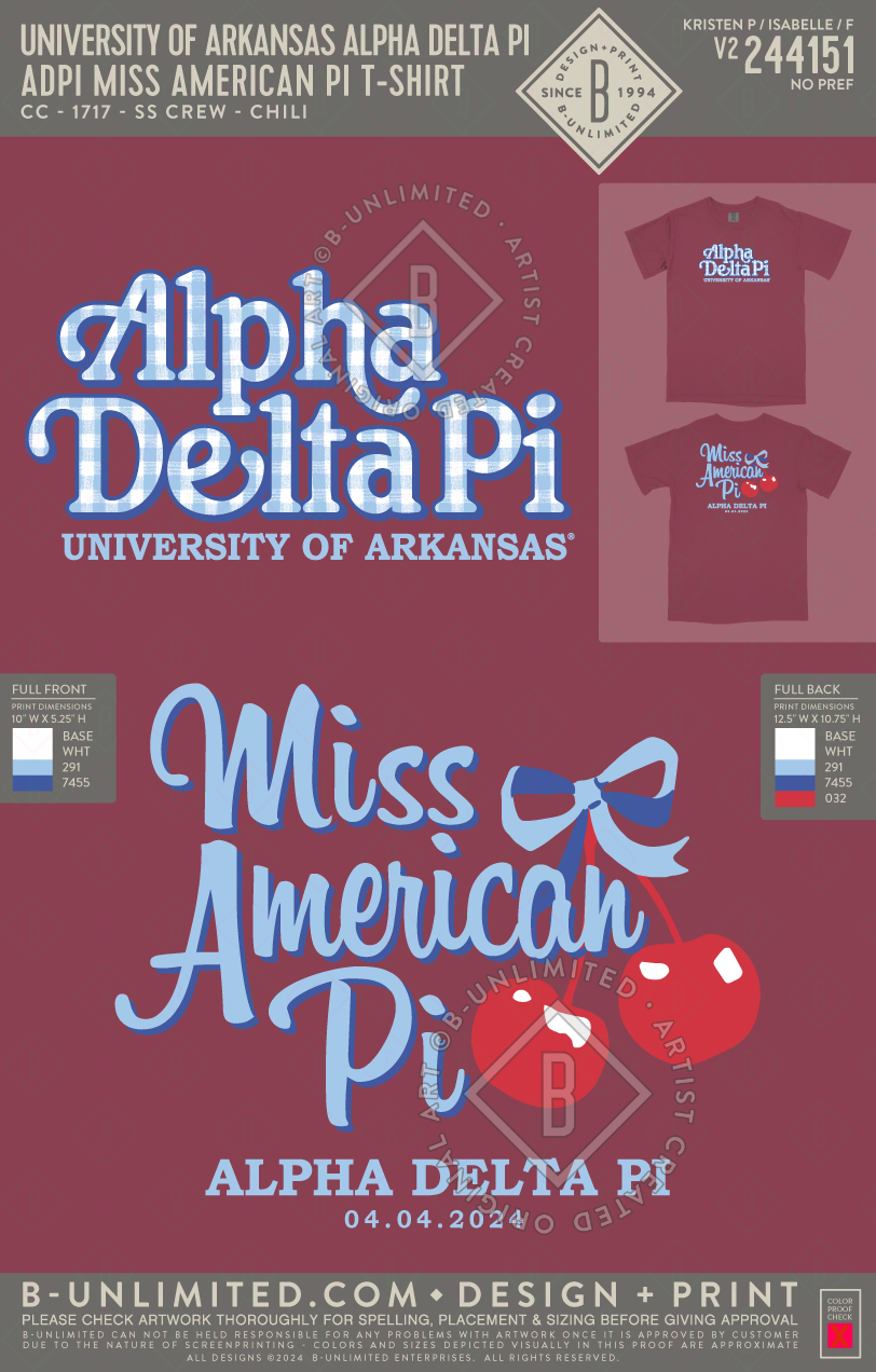 University of Arkansas Alpha Delta Pi - ADPI Miss American Pi T-Shirt - CC - 1717 - SS Crew - Chili