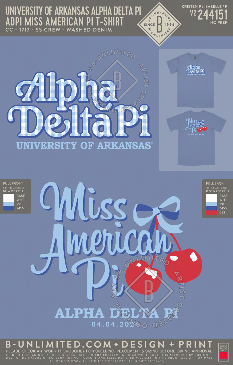 University of Arkansas Alpha Delta Pi - ADPI Miss American Pi T-Shirt - CC - 1717 - SS Crew - Washed Denim