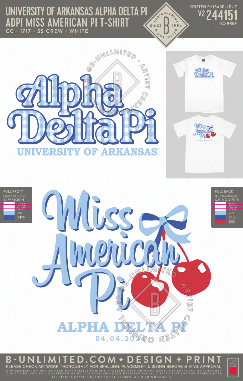 University of Arkansas Alpha Delta Pi - ADPI Miss American Pi T-Shirt - CC - 1717 - SS Crew - White