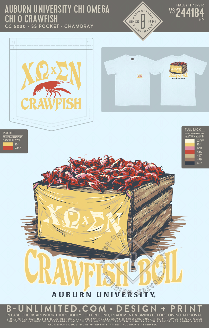 Auburn University Chi Omega - chi o crawfish (72hoursale24) - CC - 6030 - SS Pocket - Chambray