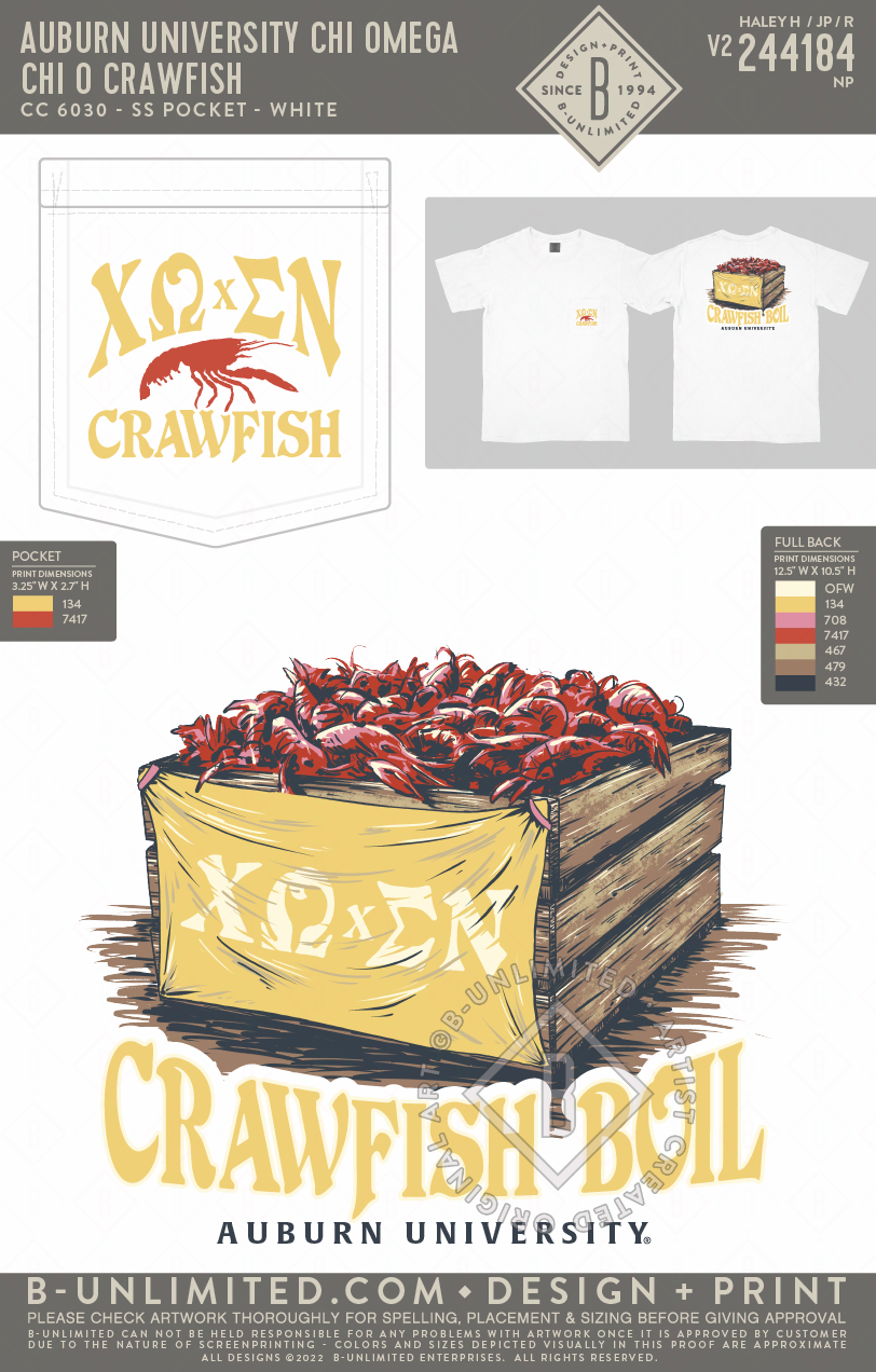 Auburn University Chi Omega - chi o crawfish - CC - 6030 - SS Pocket - White