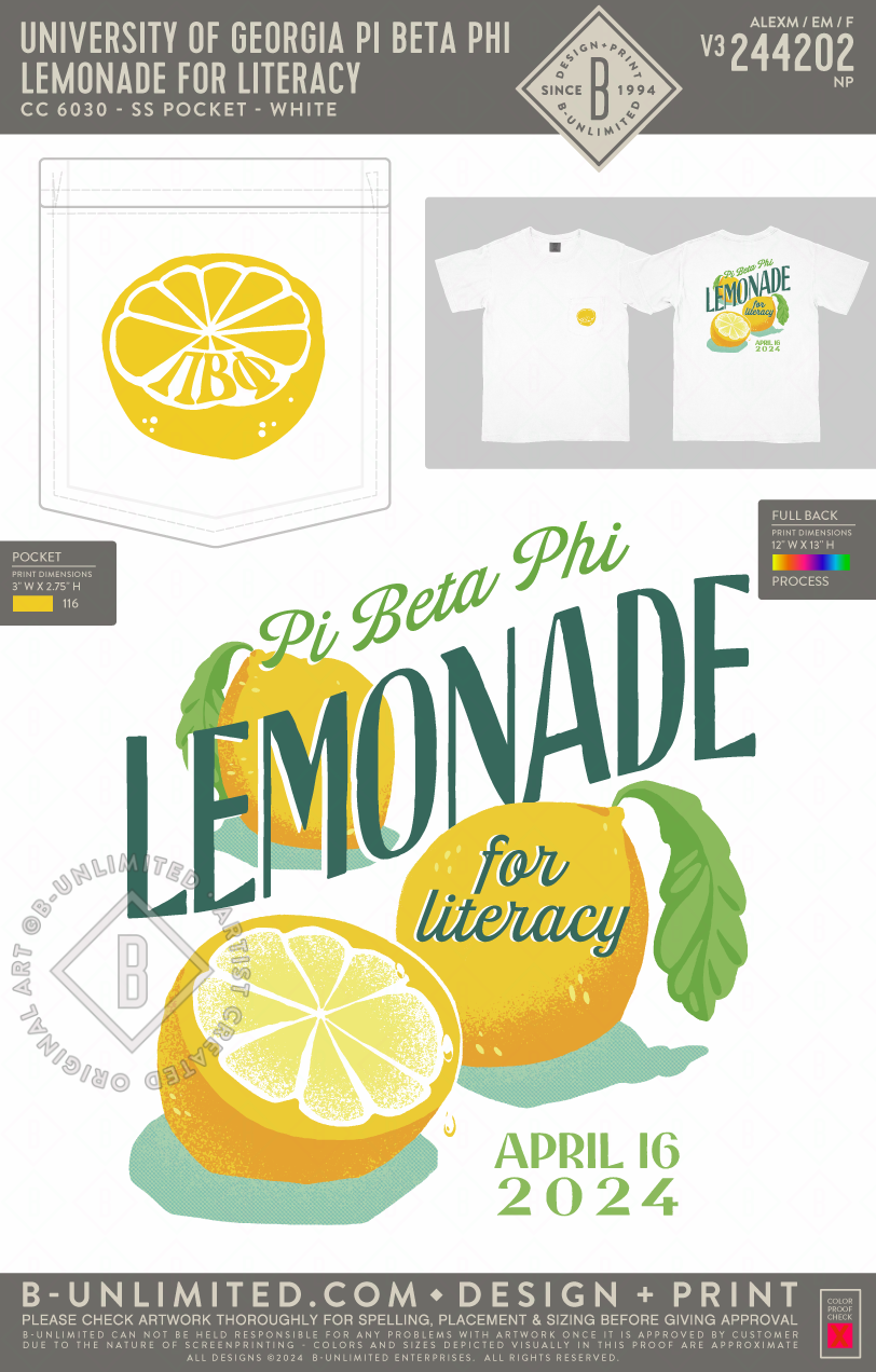 UGA Pi Phi - Lemonade for Literacy - CC - 6030 - SS Pocket - White