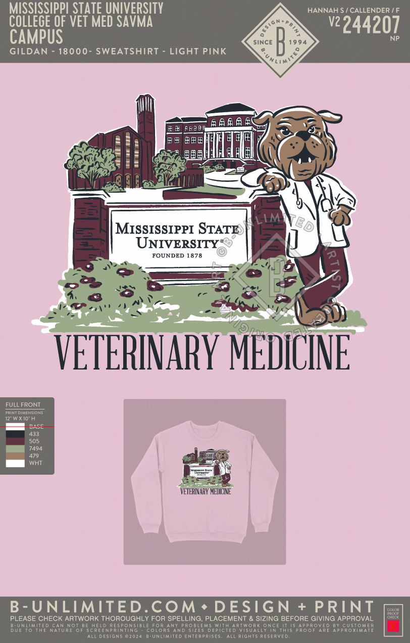 Mississippi State University College of Veterinary Medicine Class of 2029 - Campus - Gildan - 18000 - Crewneck Sweatshirt - Light Pink
