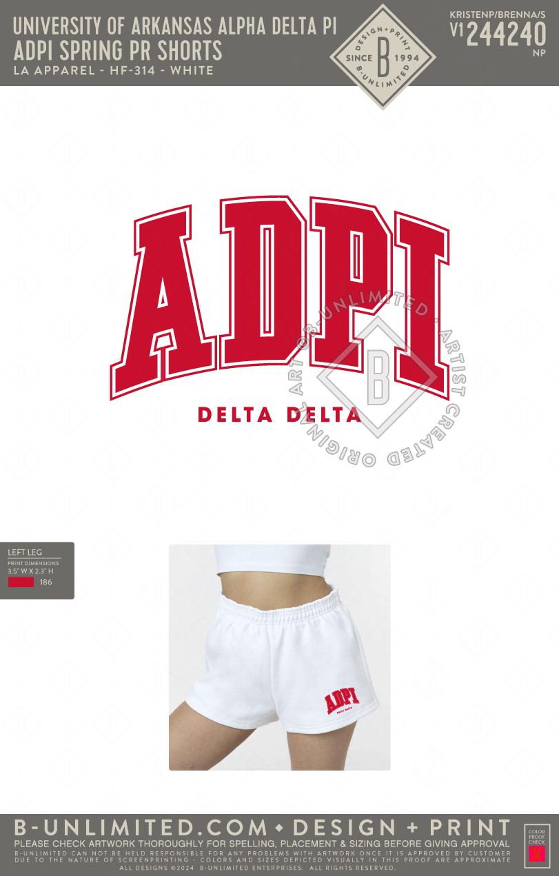 University of Arkansas Alpha Delta Pi - ADPI Spring PR Shorts - LA Apparel - HF-314 - White