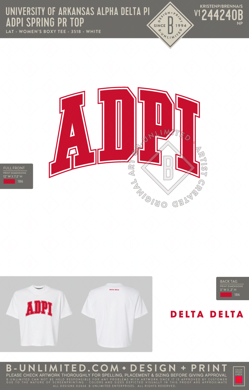 University of Arkansas Alpha Delta Pi - ADPI Spring PR Top - LAT - 3518 - Women's Boxy Tee - Blended White