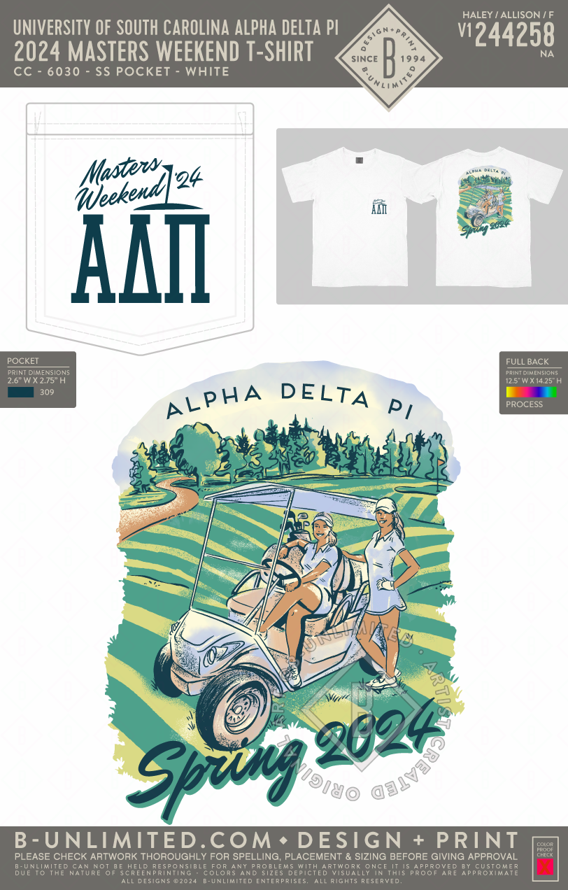 University of South Carolina Alpha Delta Pi - 2024 Masters Weekend T-Shirt - CC - 6030 - SS Pocket - White