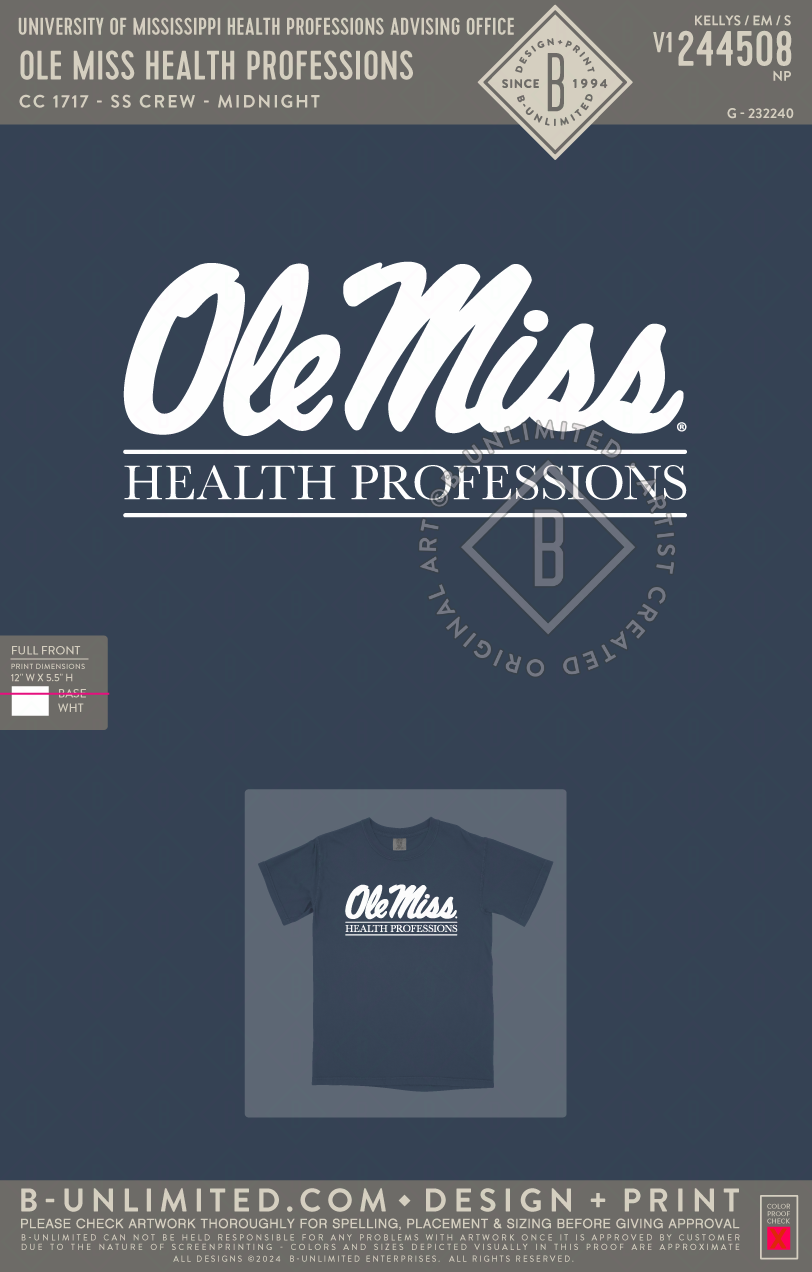 University of Mississippi Health Professions Advising Office - Ole Miss Health Professions (one ink color) - CC - 1717 - SS Crew - Midnight