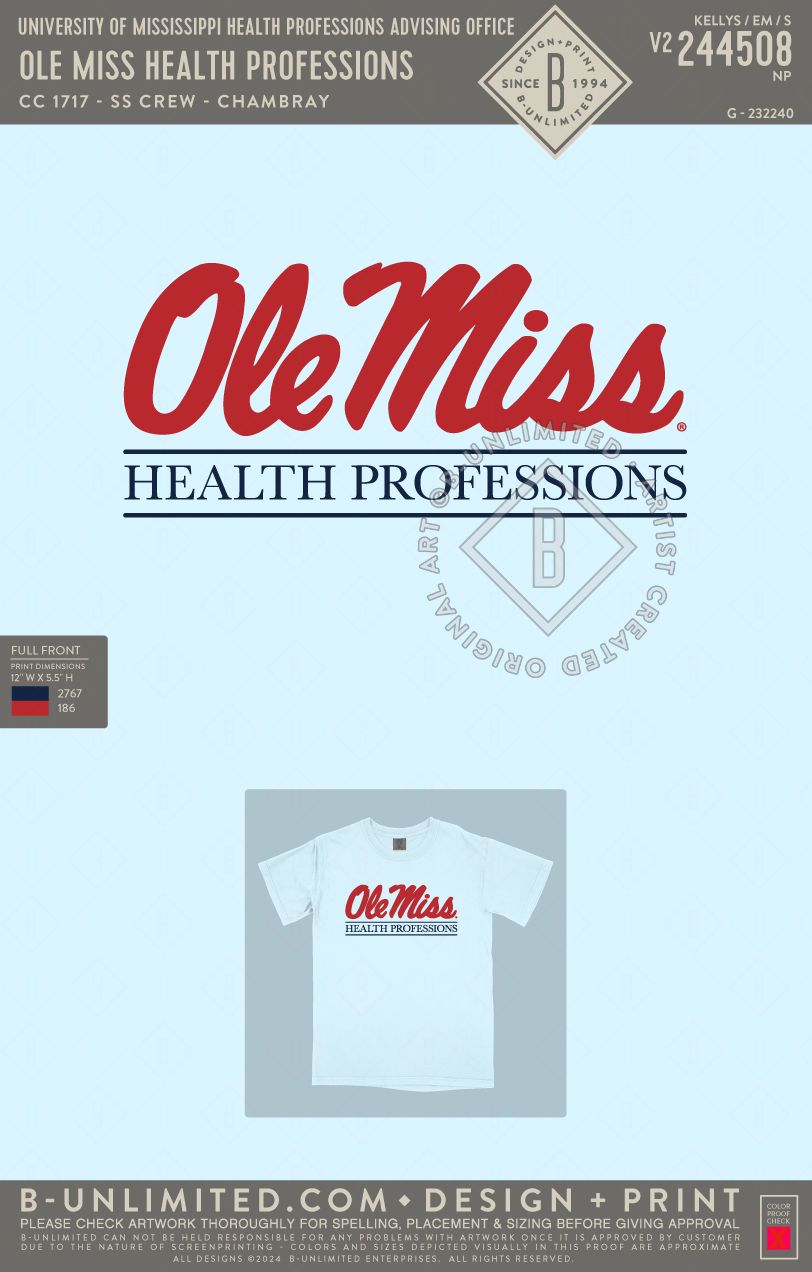 University of Mississippi Health Professions Advising Office - Ole Miss Health Professions (two ink color) - CC - 1717 - SS Crew - Chambray