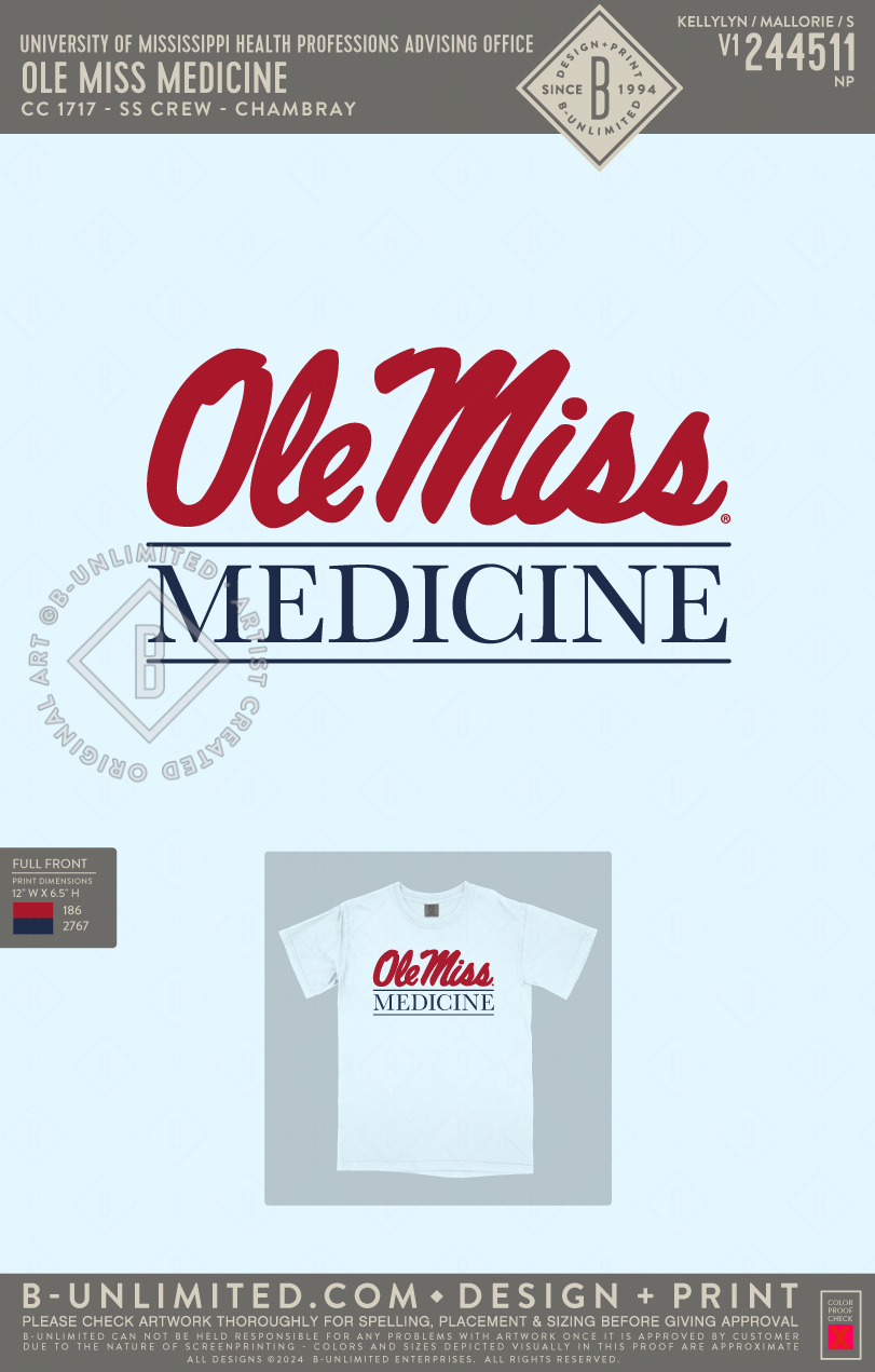 University of Mississippi Health Professions Advising Office - Ole Miss Medicine (two ink color) - CC - 1717 - SS Crew - Chambray