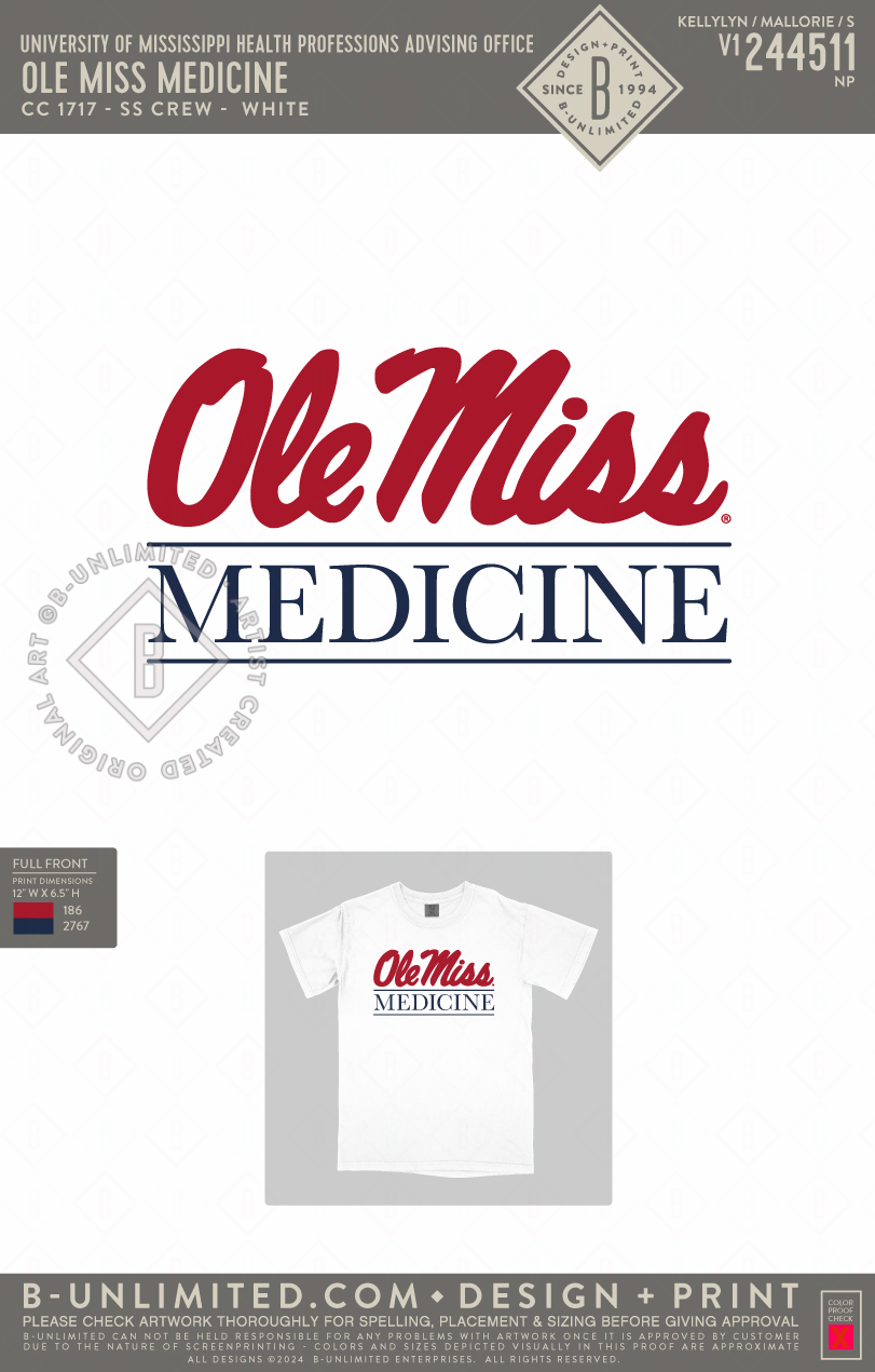 University of Mississippi Health Professions Advising Office - Ole Miss Medicine (two ink color) - CC - 1717 - SS Crew - White