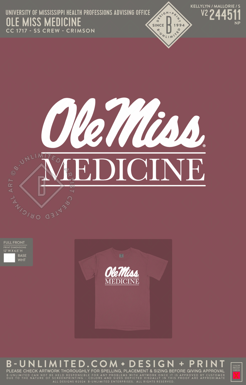 University of Mississippi Health Professions Advising Office - Ole Miss Medicine (one ink color) - CC - 1717 - SS Crew - Crimson