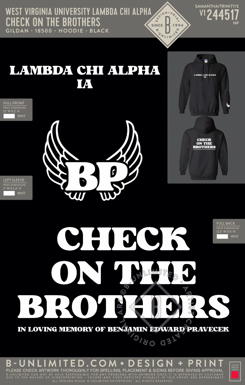 West Virginia University Lambda Chi Alpha - Check on the Brothers - Gildan - 18500 - Hoodie - Black