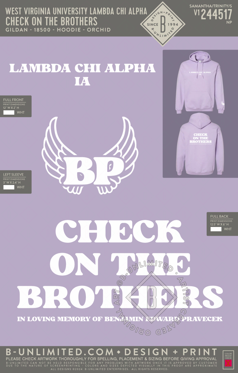 West Virginia University Lambda Chi Alpha - Check on the Brothers - Gildan - 18500 - Hoodie - Orchid