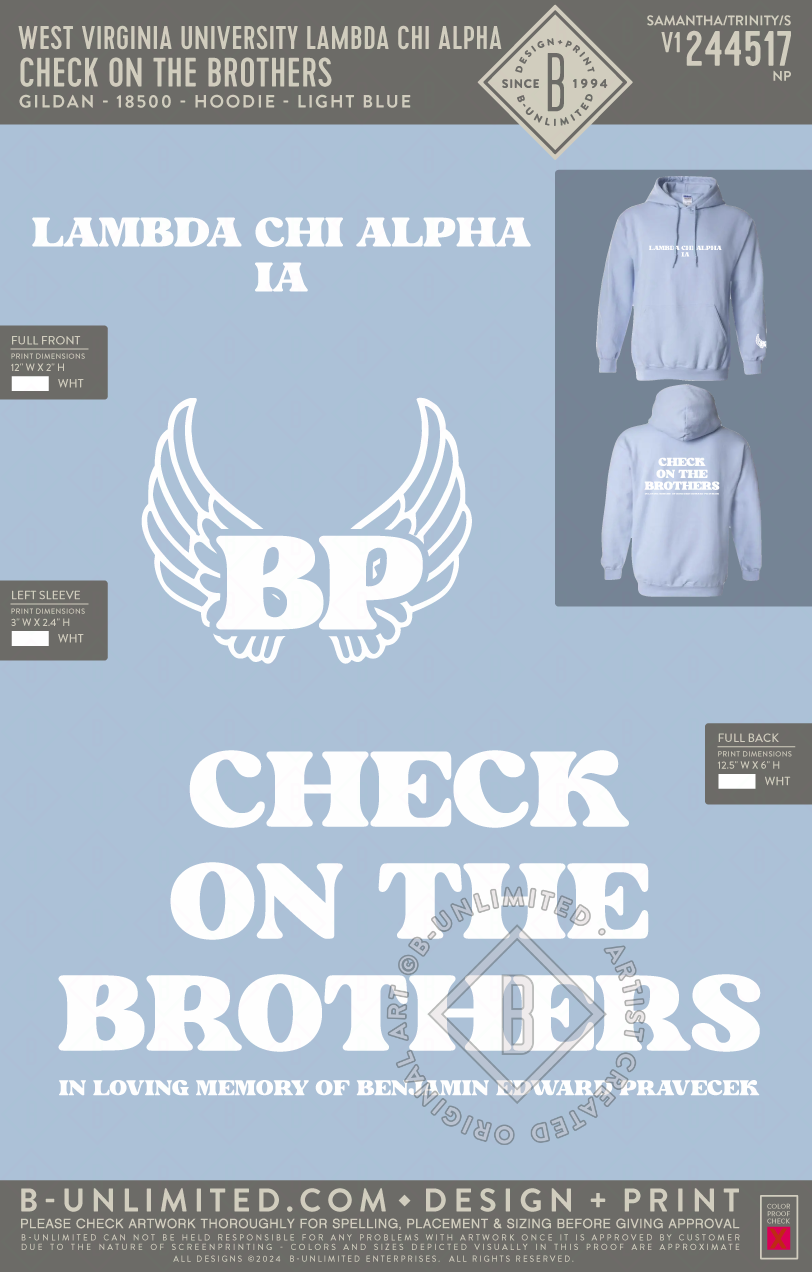 West Virginia University Lambda Chi Alpha - Check on the Brothers - Gildan - 18500 - Hoodie - Light Blue