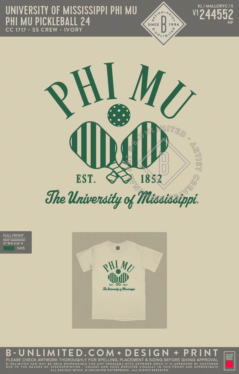 University of Mississippi Phi Mu - Phi Mu Pickleball 24 - CC - 1717 - SS Crew - Ivory