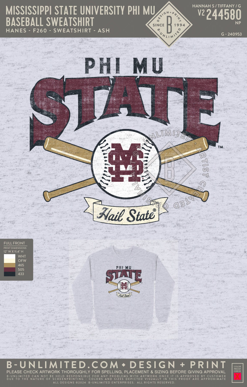 Mississippi State University Phi Mu - Baseball Sweatshirt (72hoursale24) - Hanes - F260 - Sweatshirt - Ash