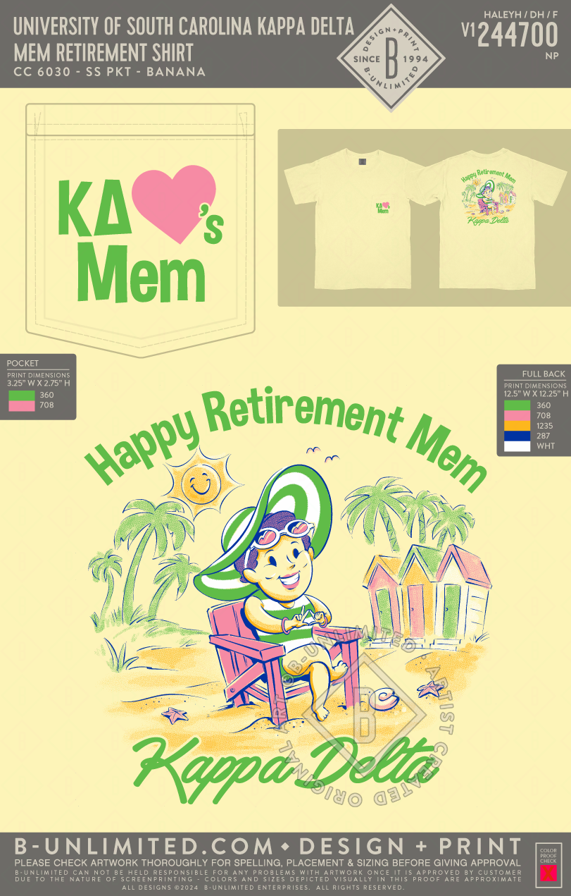 University of South Carolina Kappa Delta - Mem Retirement Shirt e - CC - 6030 - SS Pocket - Banana