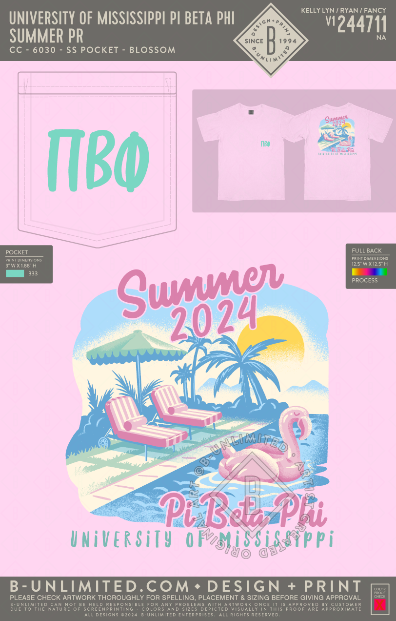 University of Mississippi Pi Beta Phi - Summer PR (t-shirt) - CC - 6030 - SS Pocket - Blossom