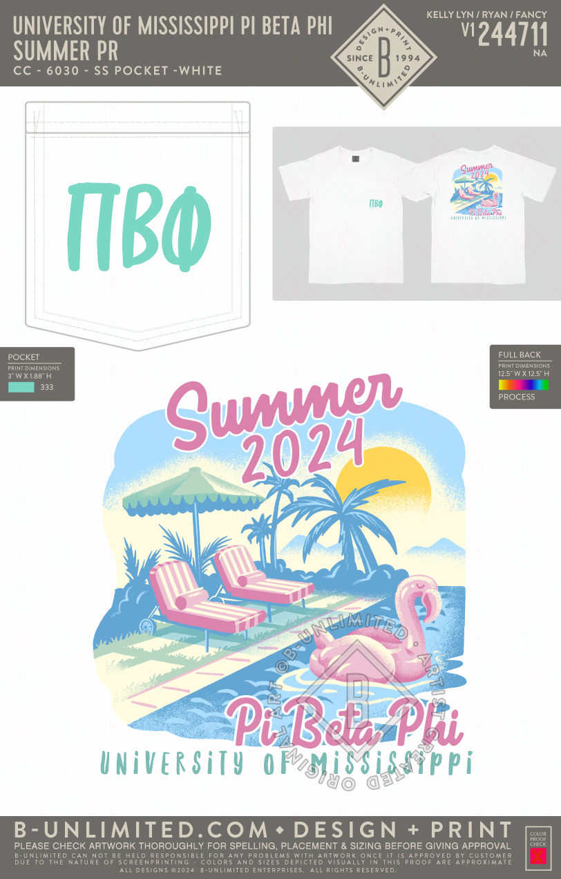 University of Mississippi Pi Beta Phi - Summer PR (t-shirt) - CC - 6030 - SS Pocket - White