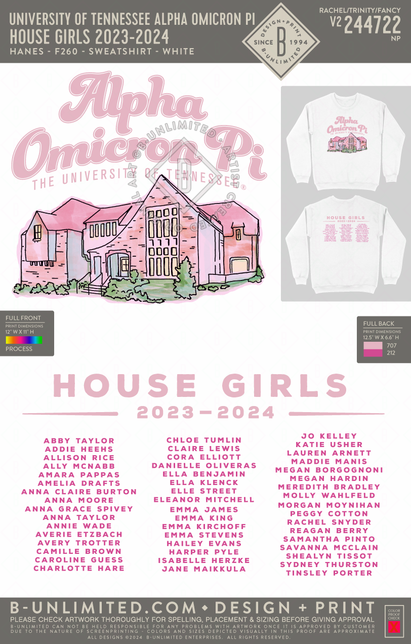 University of Tennessee Alpha Omicron Pi - House Girls 2023-2024 - Hanes - F260 - Sweatshirt - White