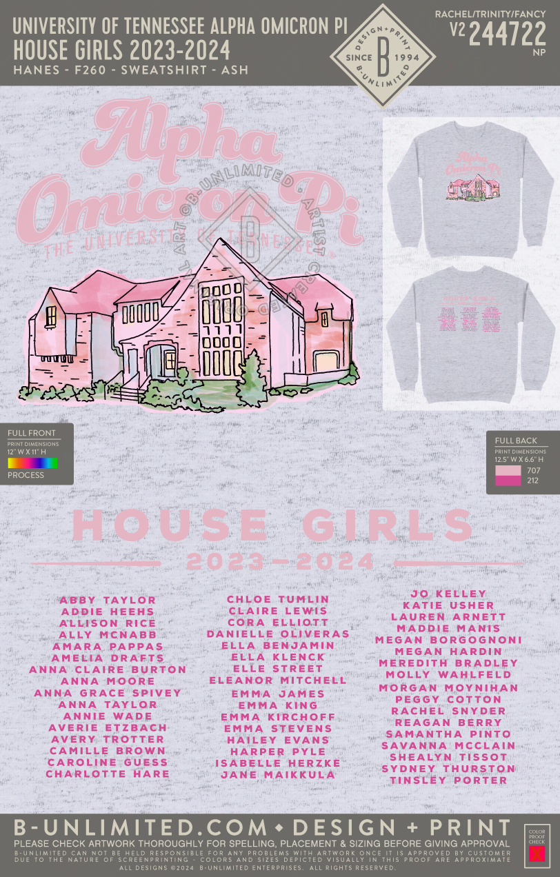University of Tennessee Alpha Omicron Pi - House Girls 2023-2024 - Hanes - F260 - Sweatshirt - Ash