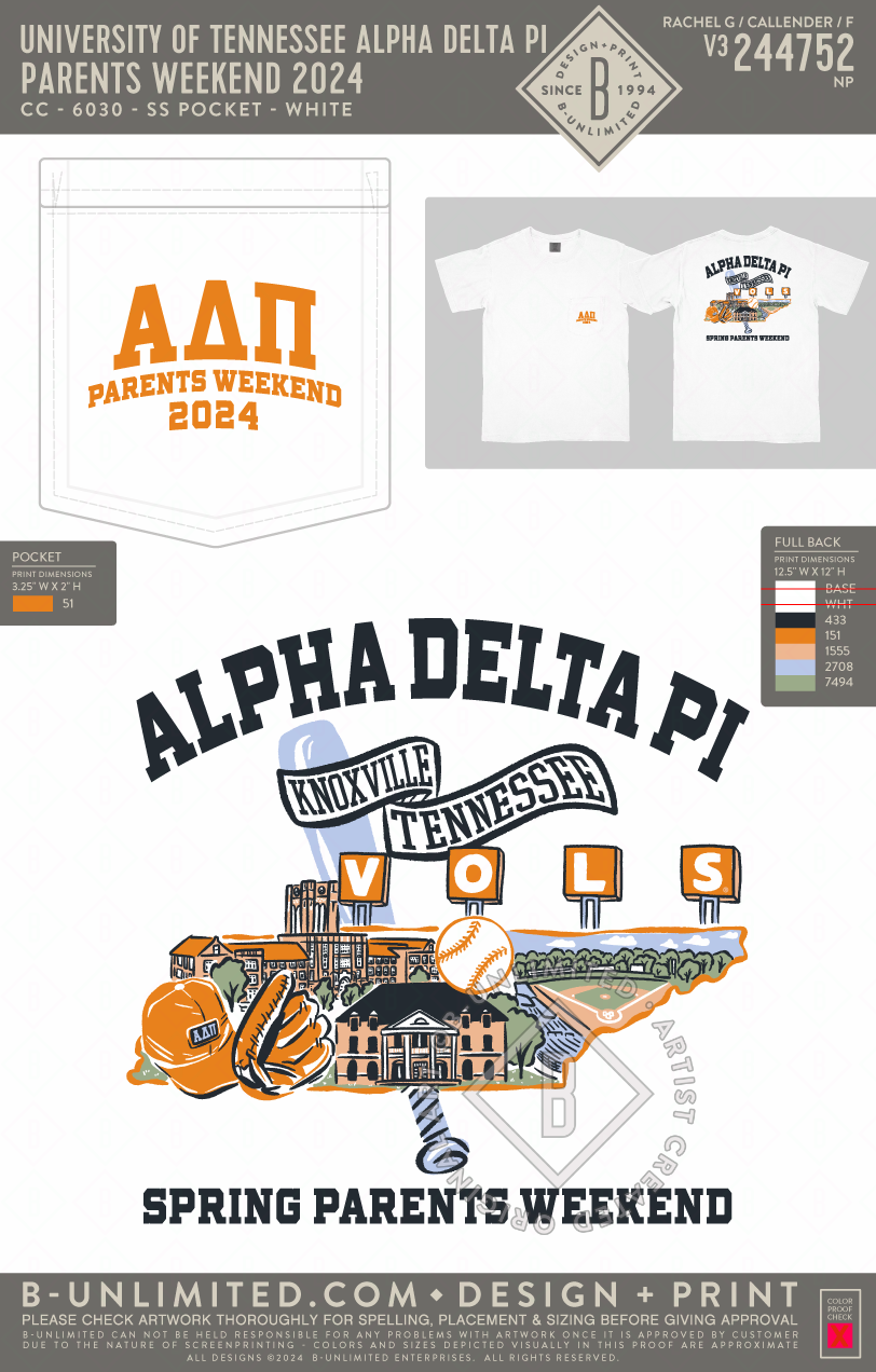 University of Tennessee Alpha Delta Pi - Parents Weekend 2024 - CC - 6030 - SS Pocket - White