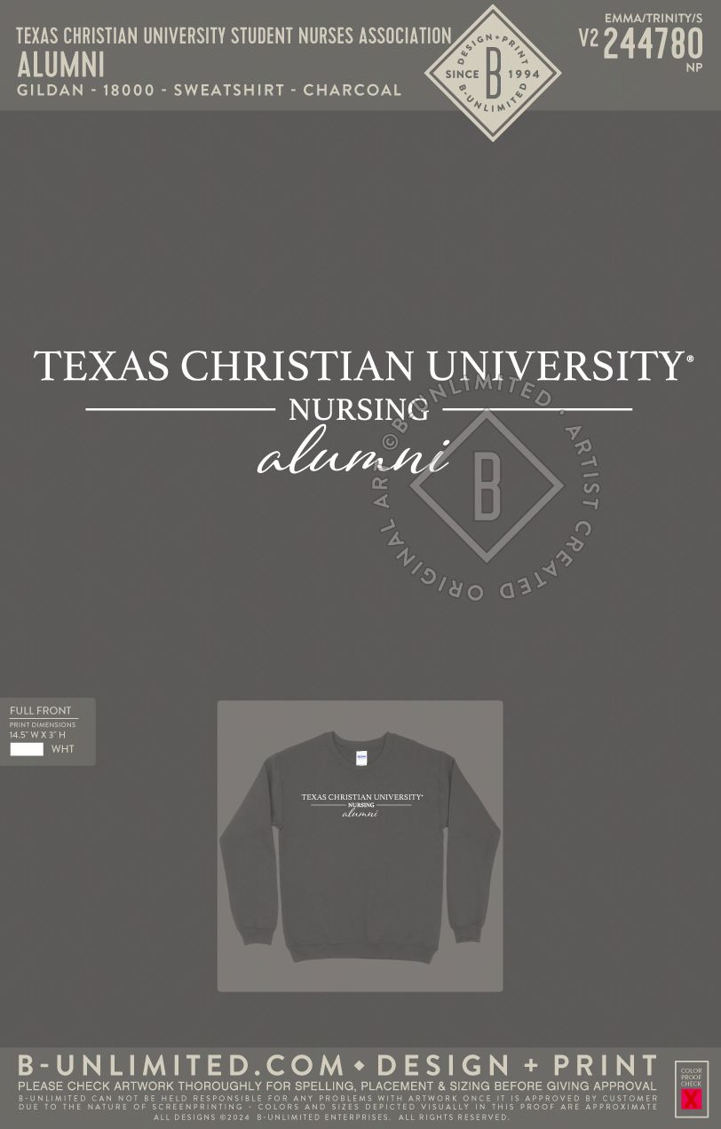 Texas Christian University Student Nurses Association - Alumni - Gildan - 18000 - Crewneck Sweatshirt - Charcoal