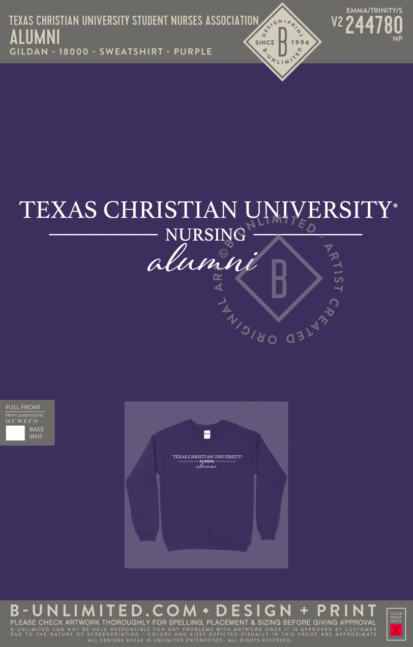 Texas Christian University Student Nurses Association - Alumni - Gildan - 18000 - Crewneck Sweatshirt - Purple